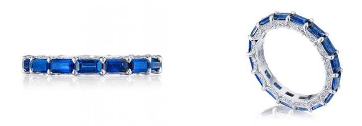 Two views of a sapphire accented wedding ring from TACORI, available at Thom Duma Fine Jewelers.