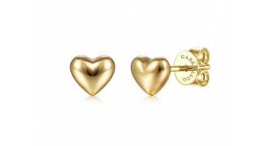 A charming pair of yellow gold heart studs by Gabriel & Co., available at Thom Duma Fine Jewelers.