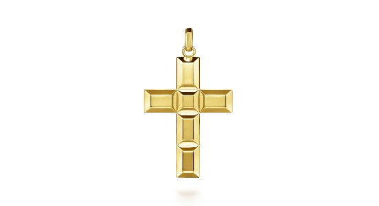 A yellow gold cross pendant by Gabriel & Co., available at Thom Duma Fine Jewelers.