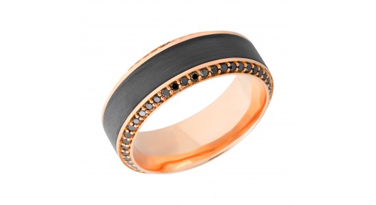  rose gold men’s wedding band with black accents and black diamonds