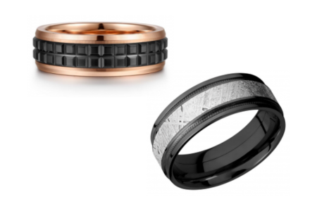 Two elegant black wedding bands made of diverse materials, available at Thom Duma Fine Jewelers.