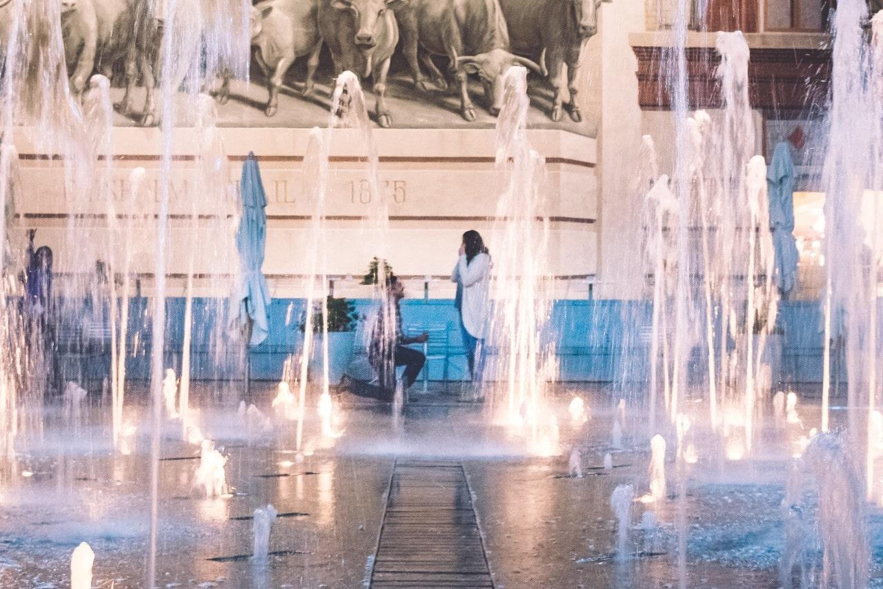 A faraway shot of a man proposing to his partner behind an elaborate fountain.